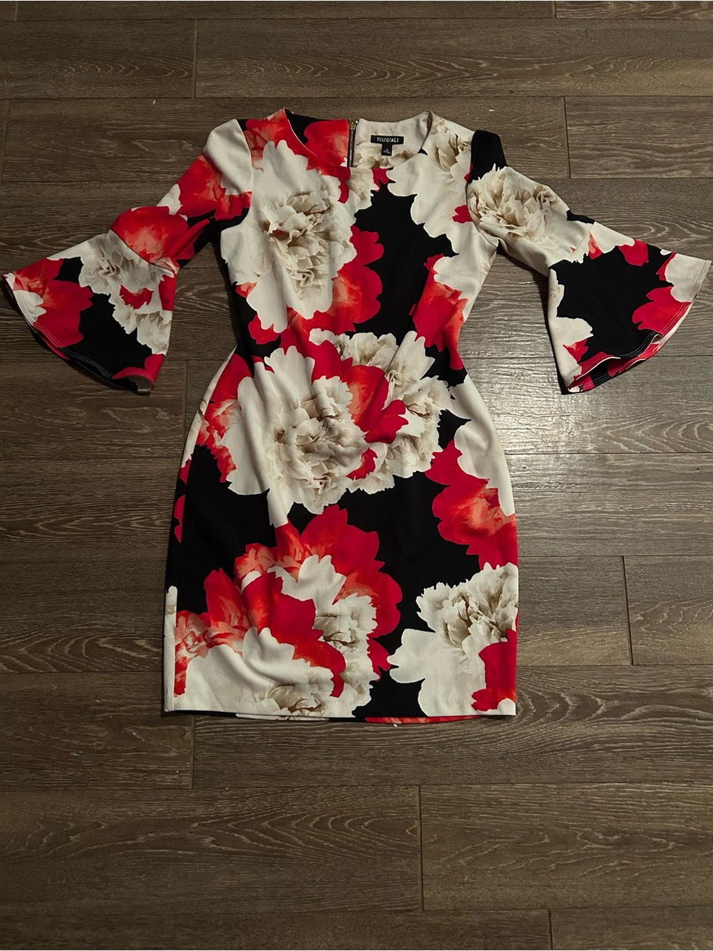 Roz & Ali Floral Bell-Sleeve Sheath Dress - Black, Red & Cream